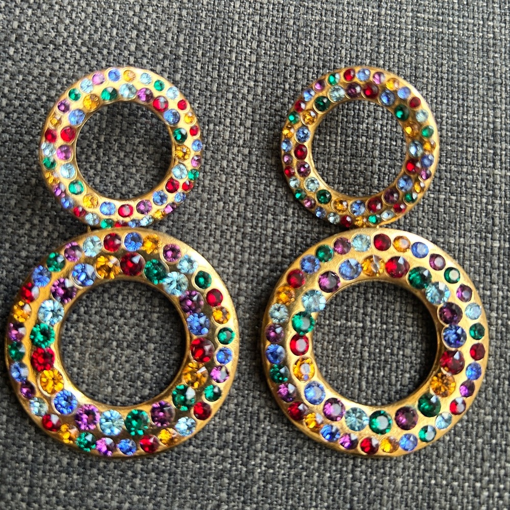 Multi Color Sparkly Rhinestone Dangle Earrings Rose Gold Tone Jewel Tones Runway